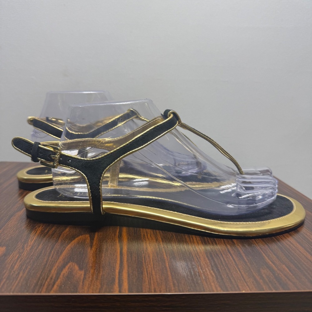 Lauren Ralph Lauren Abegayle Black Gold Metallic T-Strap Sandals 10B